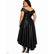 Plus Size Black Off-the-Shoulder High-Low A-Line Formal Dress, V-Neck Short Sleeve Evening Gown
