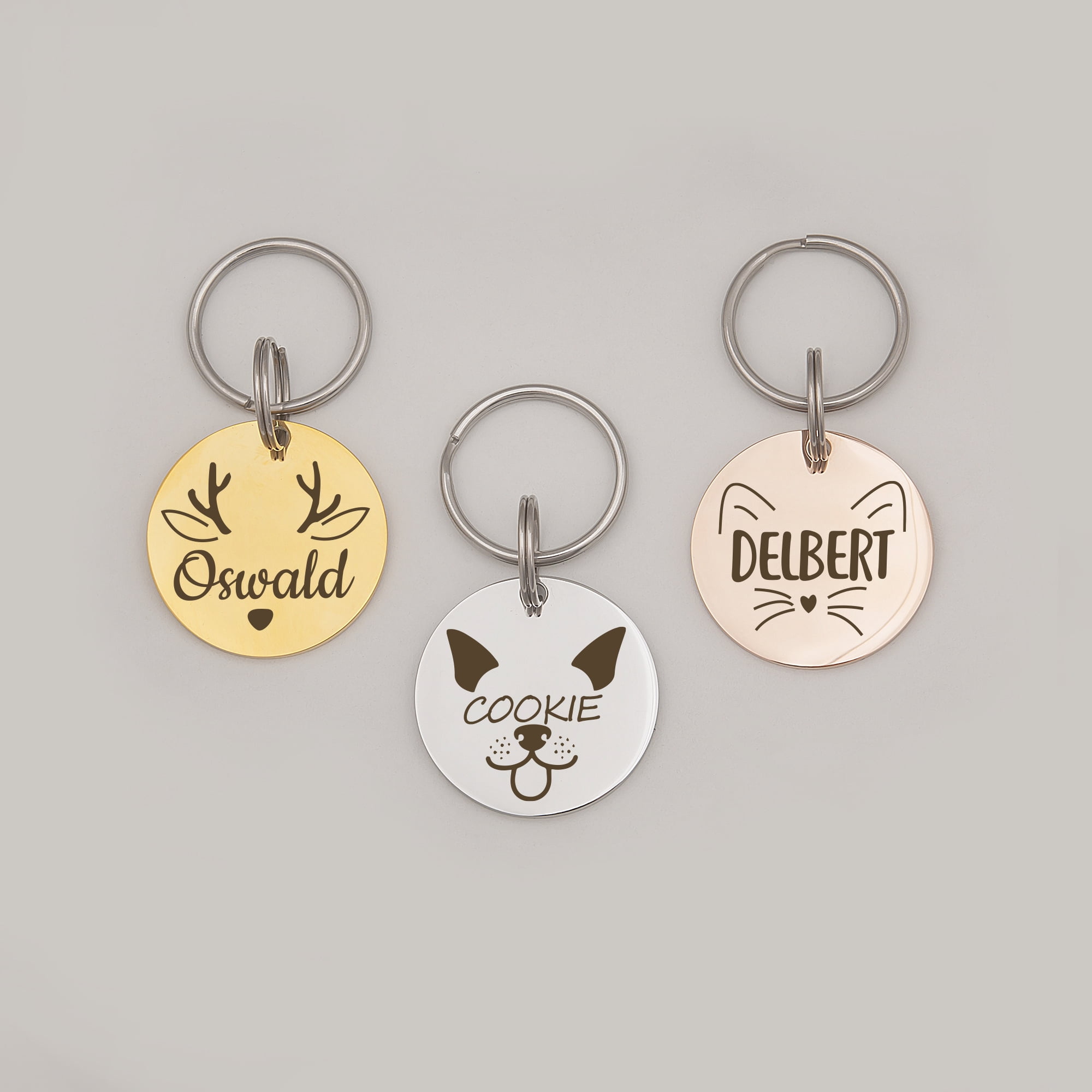 Anavia Metal Stainless Steel Round Name - Animal Face Birthday Holiday Christmas Engraved Dog Cat ID Tag, Gold
