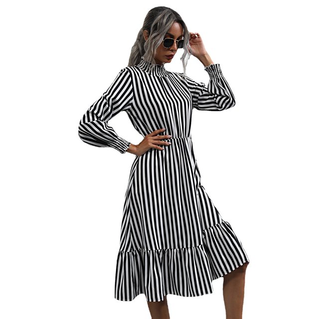 Vestido largo de fiesta con rayas divididas y cuello en V con botones y manga larga para mujer con cinturón negro XL