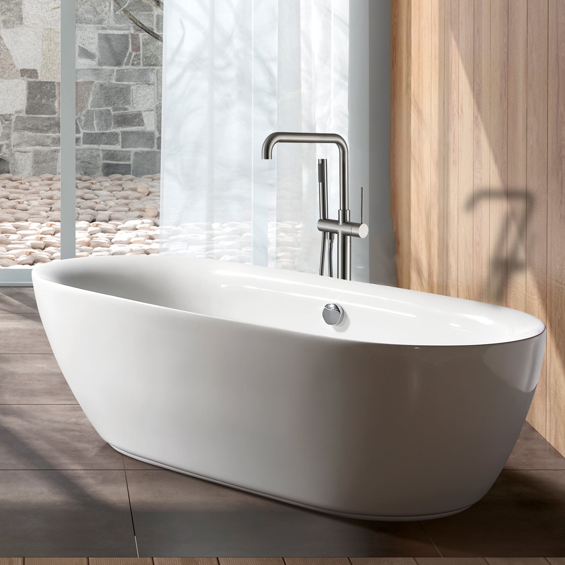Freestanding Bathtub Faucet, Floor Mount Bathtub Faucet with 2 Water Outlet Modes, Sivwel Gooseneck Spout with Hand Shower,Stainless steel Single Handle Tub Filler Freestanding Bathtub Faucet, r