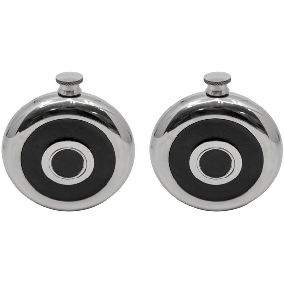 Set of 2 Round Stainless Steel 8 Oz Pocket Hip Flasks With Built-in Shot Glass
