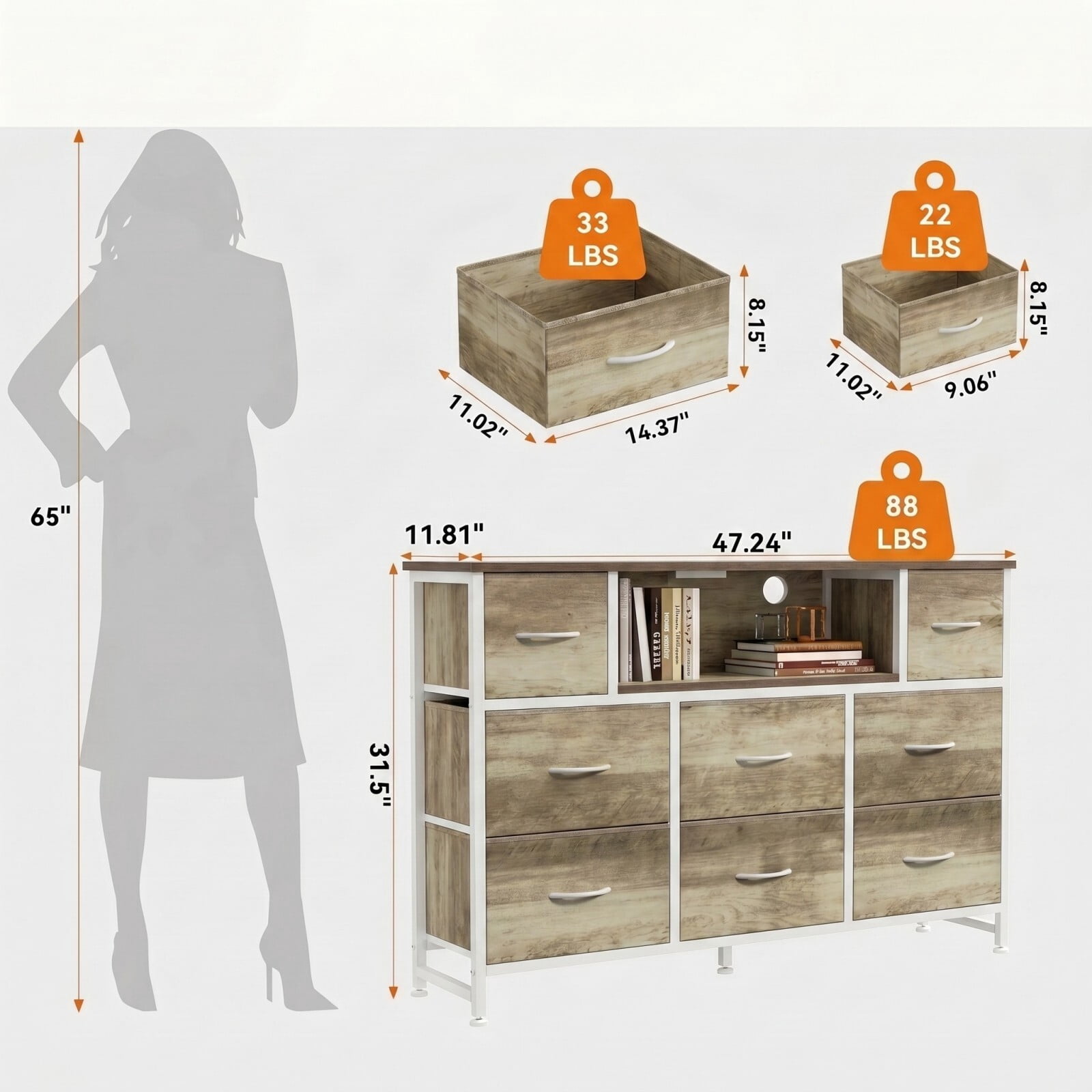 BEAUTYPEAK TV Stand Dresser with 8 Fabric Drawers LED Light Open Shelf AC & USB-C Charging Station, Oak