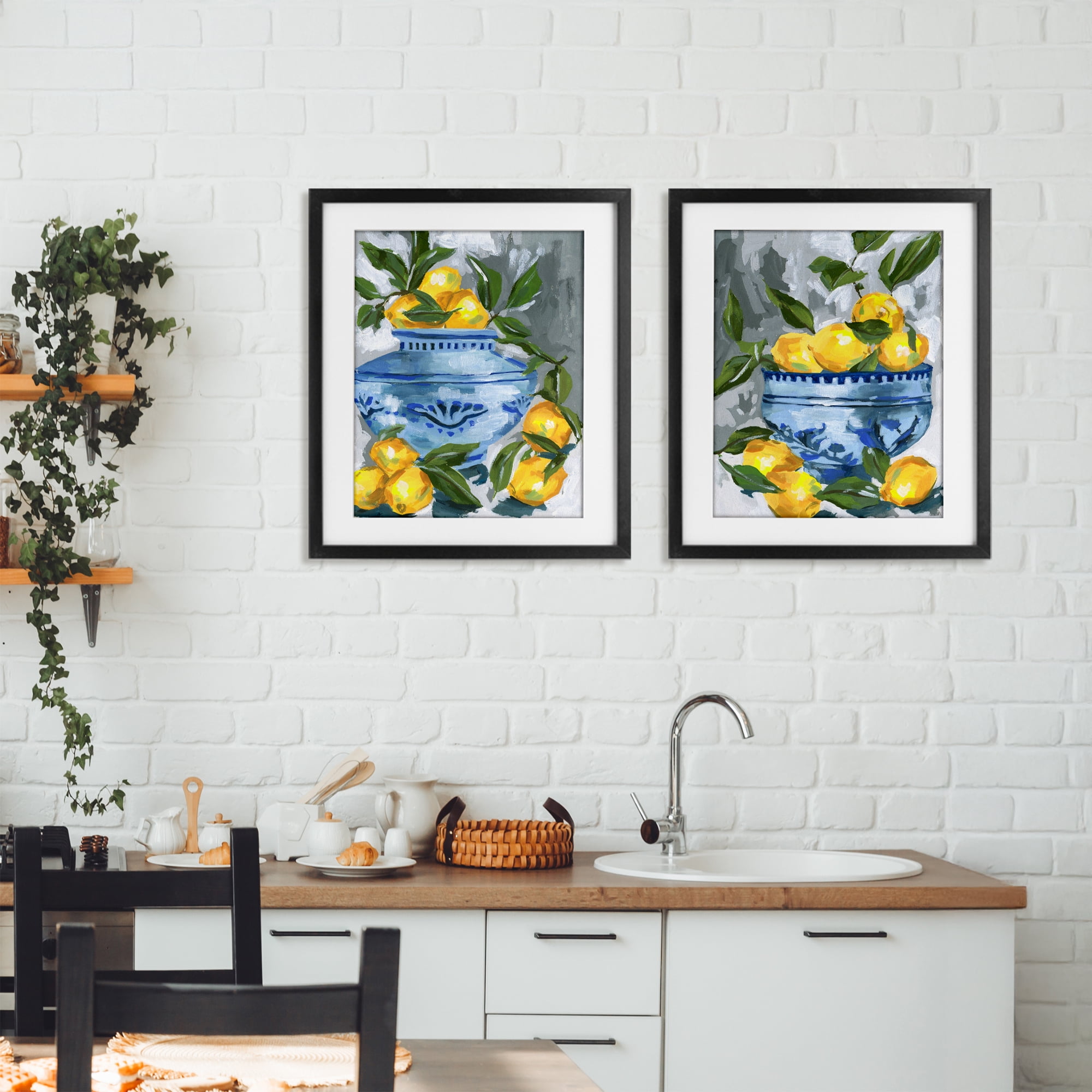 Stupell Industries Indigo & Lemon Citrus Fruits 2 Piece Black Framed Print Under Glass Set, design by Melissa Wang