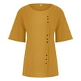 thumbnail image 4 of Cuoff Blouses for Women Fashion Casual Temperament Round Neck Vintage Cotton and Hemp Solid Button Short Sleeve T-Shirt Womens Tops Ginger S, 4 of 5