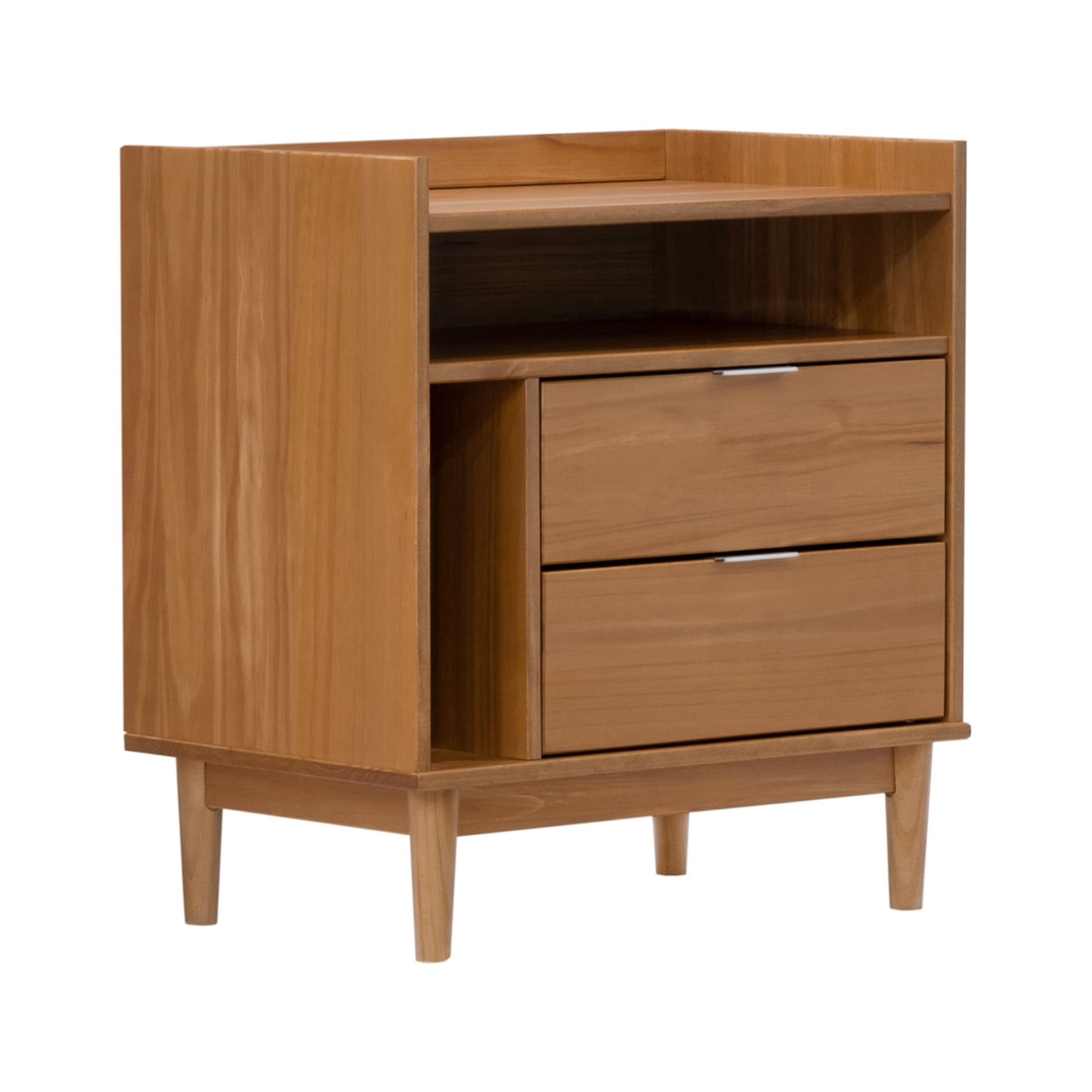 Walker Edison Mid-Century Modern 2-Drawer Wood Nightstand, Solid Caramel