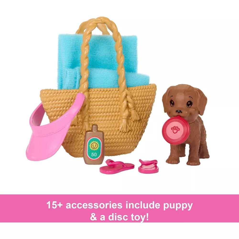 Barbie Playset with 2 Fashion Dolls, Convertible Toy Car, Pool with Slide & 15 Accessories Including Pet
