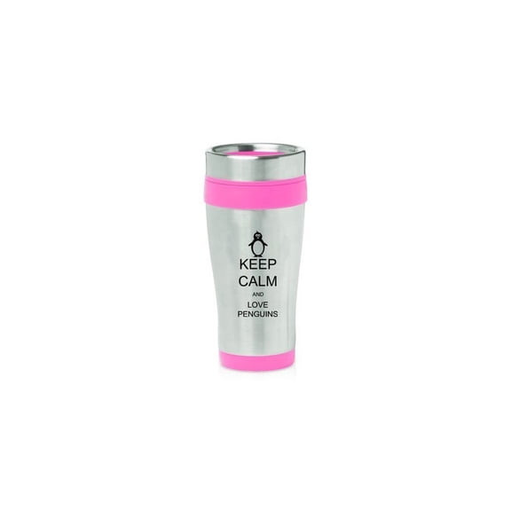 Hot Pink 16oz Insulated Stainless Steel Travel Mug Z446 Keep Calm and Love Penguins