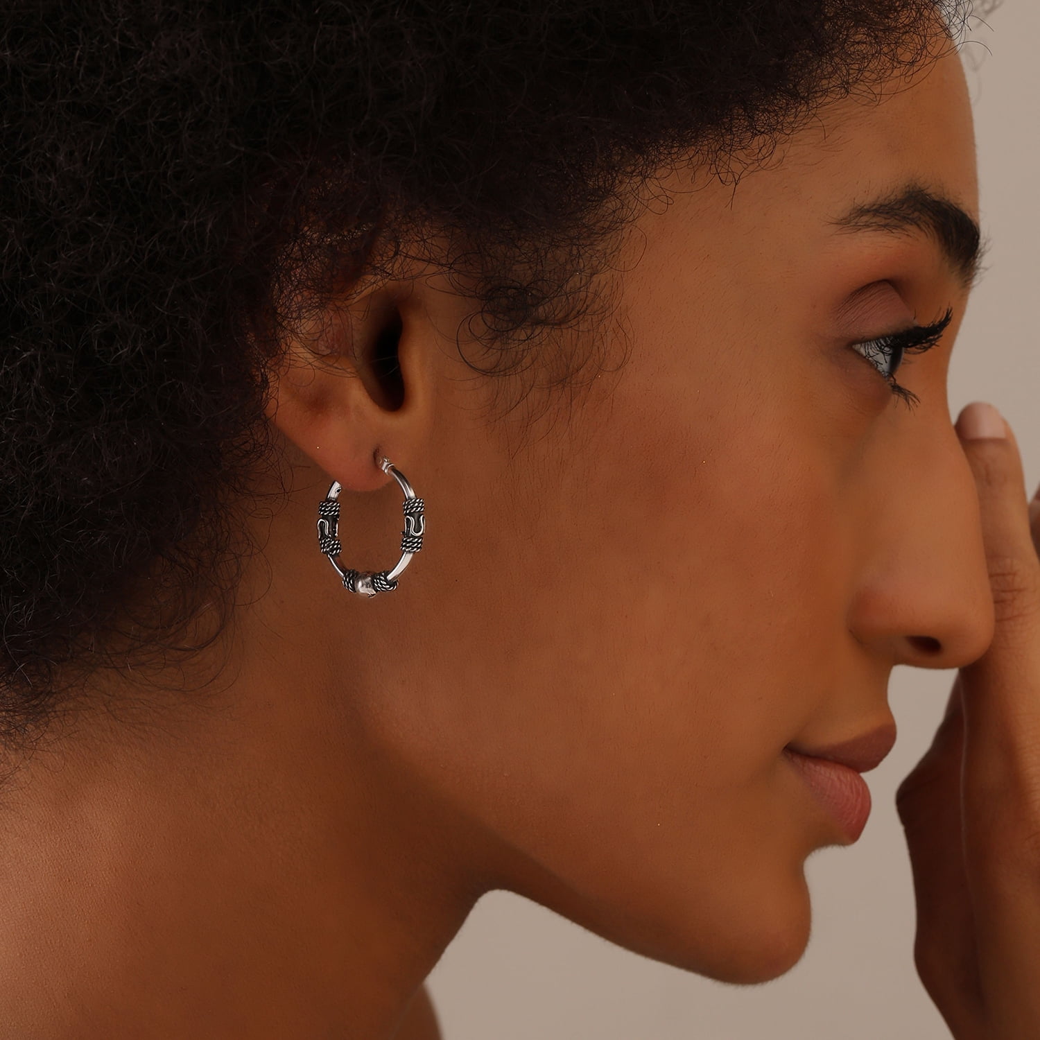 LeCalla 925 Sterling Silver Light-Weight Oxidized Small Balinese Click Top Hoop Earrings Jewelry for Women and Teen 22MM