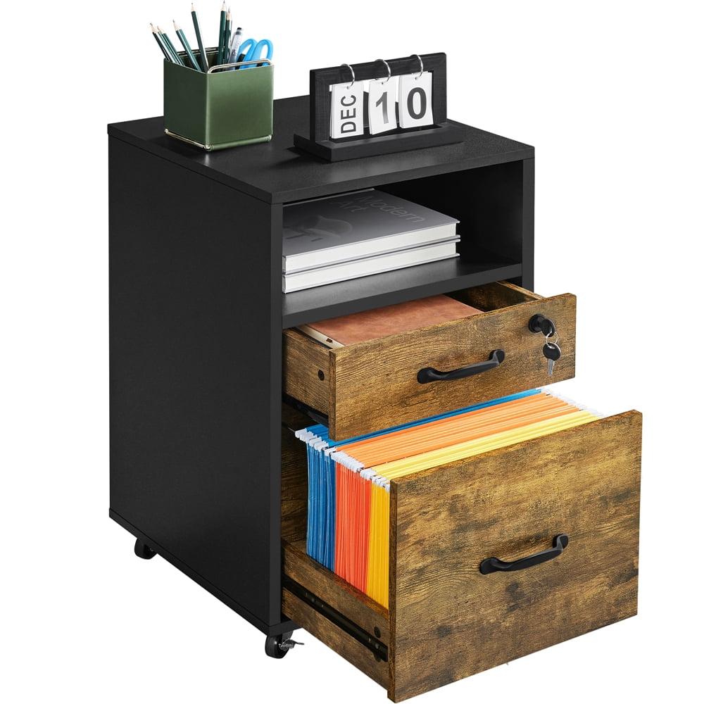 Yaheetech 2-Drawer Wooden Vintage File Cabinet with Wheels for Home and Office, Black/Rustic Brown