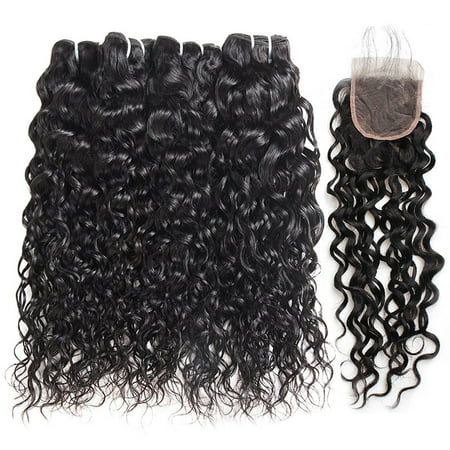 Allove 7A Malaysian Water Wave Human Hair 4 Bundles with Closure with Baby Hair Free Middle , 18