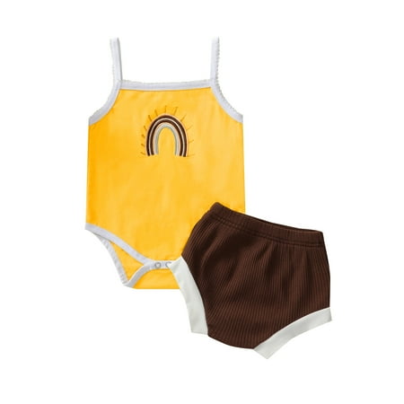 

Cathery Infant Baby Clothes Set Rainbow Embroidery Sling Jumpsuit+Shorts