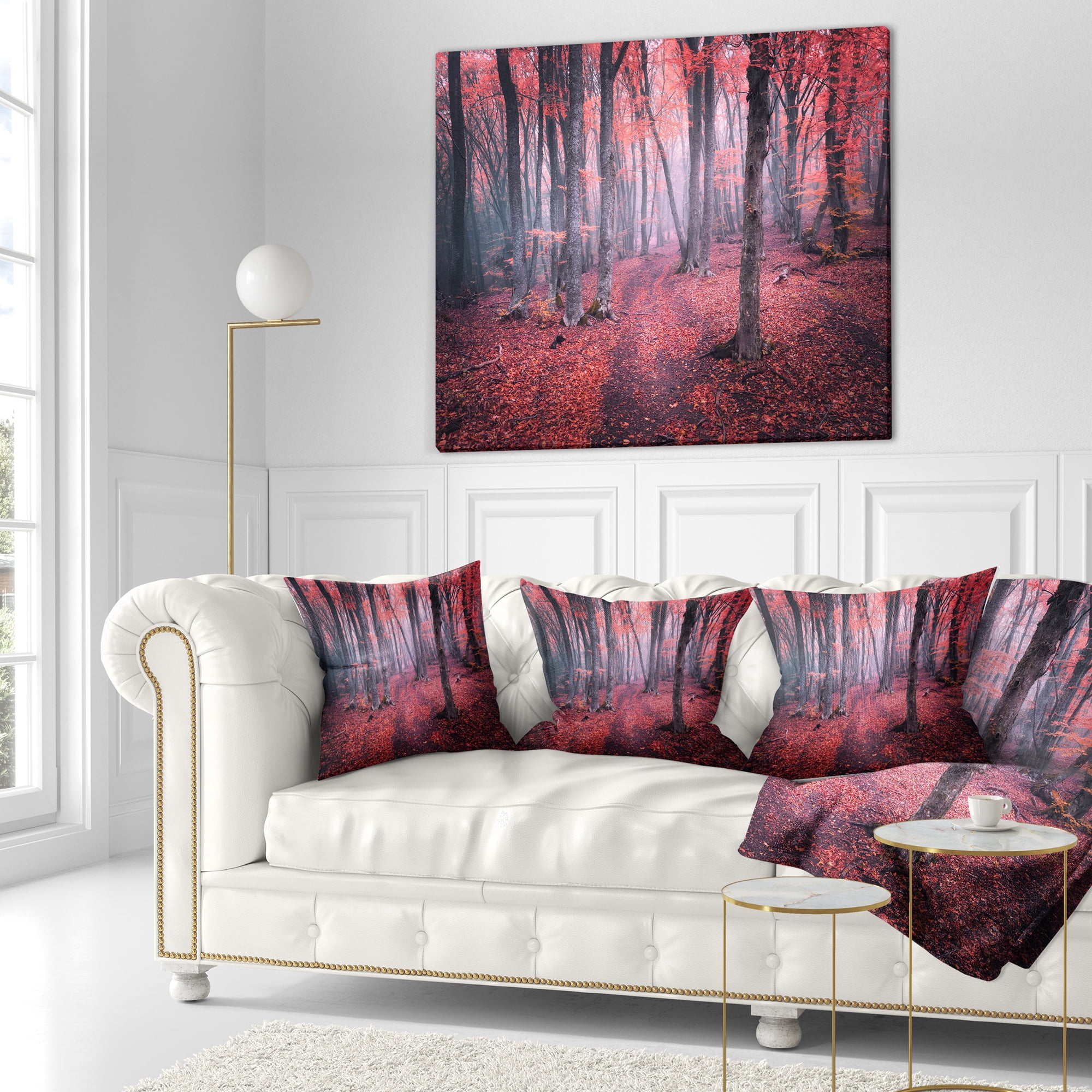 Designart Mysterious Fairytale Red Wood - Landscape Photography Throw Pillow - 16x16
