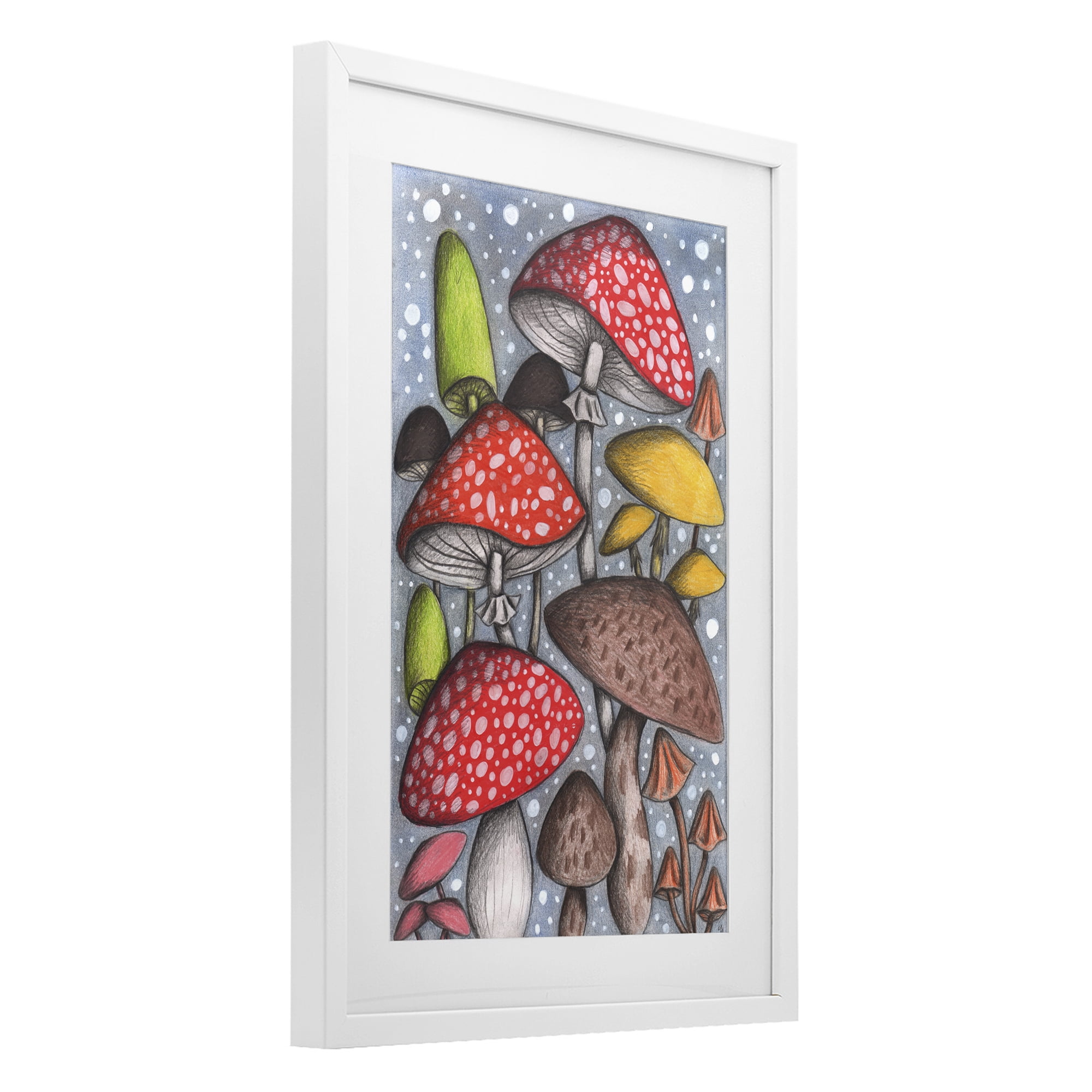 Sketched Magical Mushrooms White Framed Print Under Glass, design by Cecilia Battaini