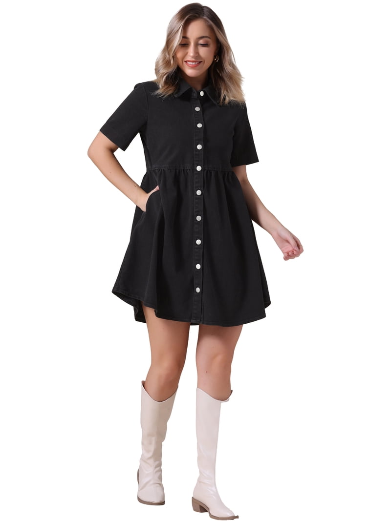 black denim babydoll dress The Moment Denim Babydoll Mini Dress - Black