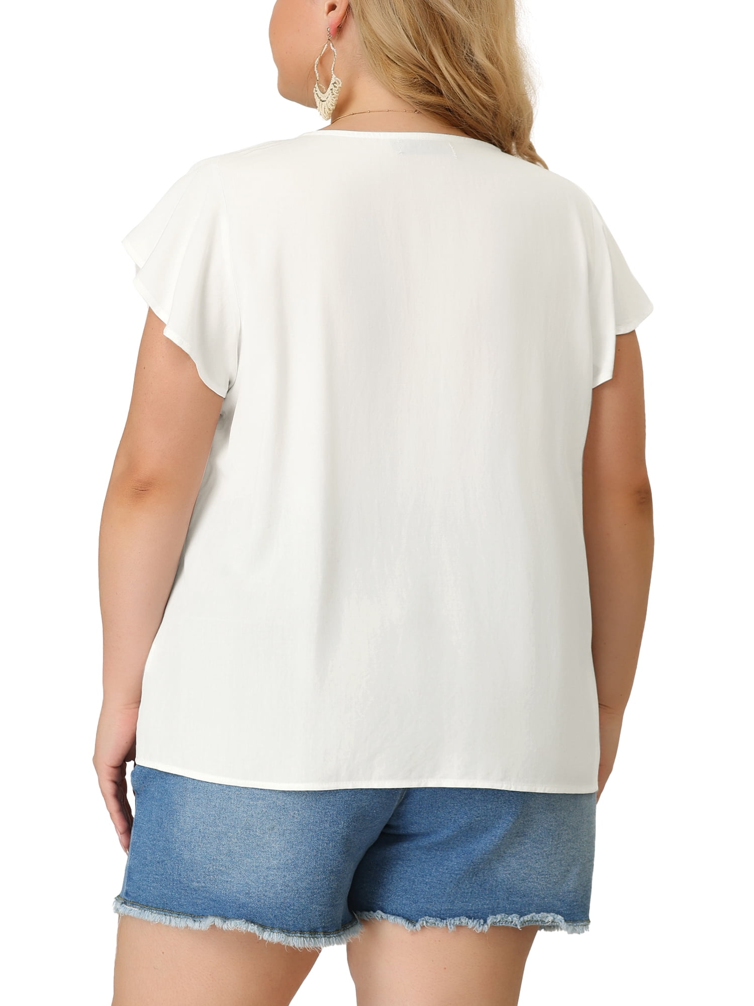 Unique Bargains Women's Plus Blouse Ruffle Sleeve Lace Trim Tie Neck Peasant Top 3X White