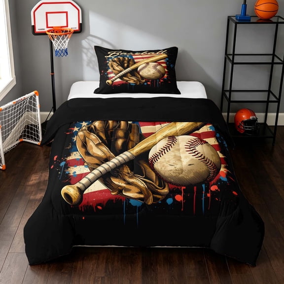 Manfei Baseball Twin Comforter Sets, Sport Gamer Bedding Set, Red Blue Black, Black Reversible 2-Piece 1 Comforter and 1 Pillowcase