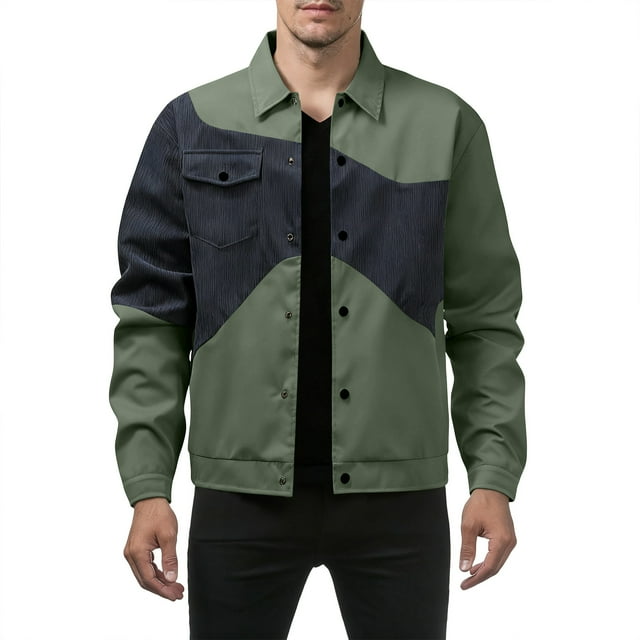 Lovzfmll Men's Casual Solid Color Long Sleeve Button-Down Collar Utility Shirt, Jacket Style Top Green, 2XL