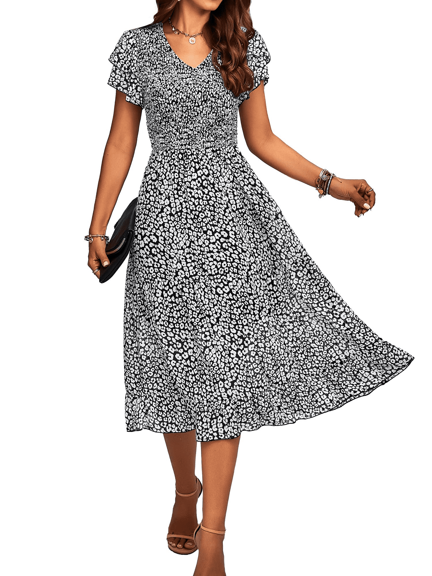 HASYO Women Casual Summer Short Ruffles Tiered Sleeve Smocked Midi Dresses Bohemian Floral V