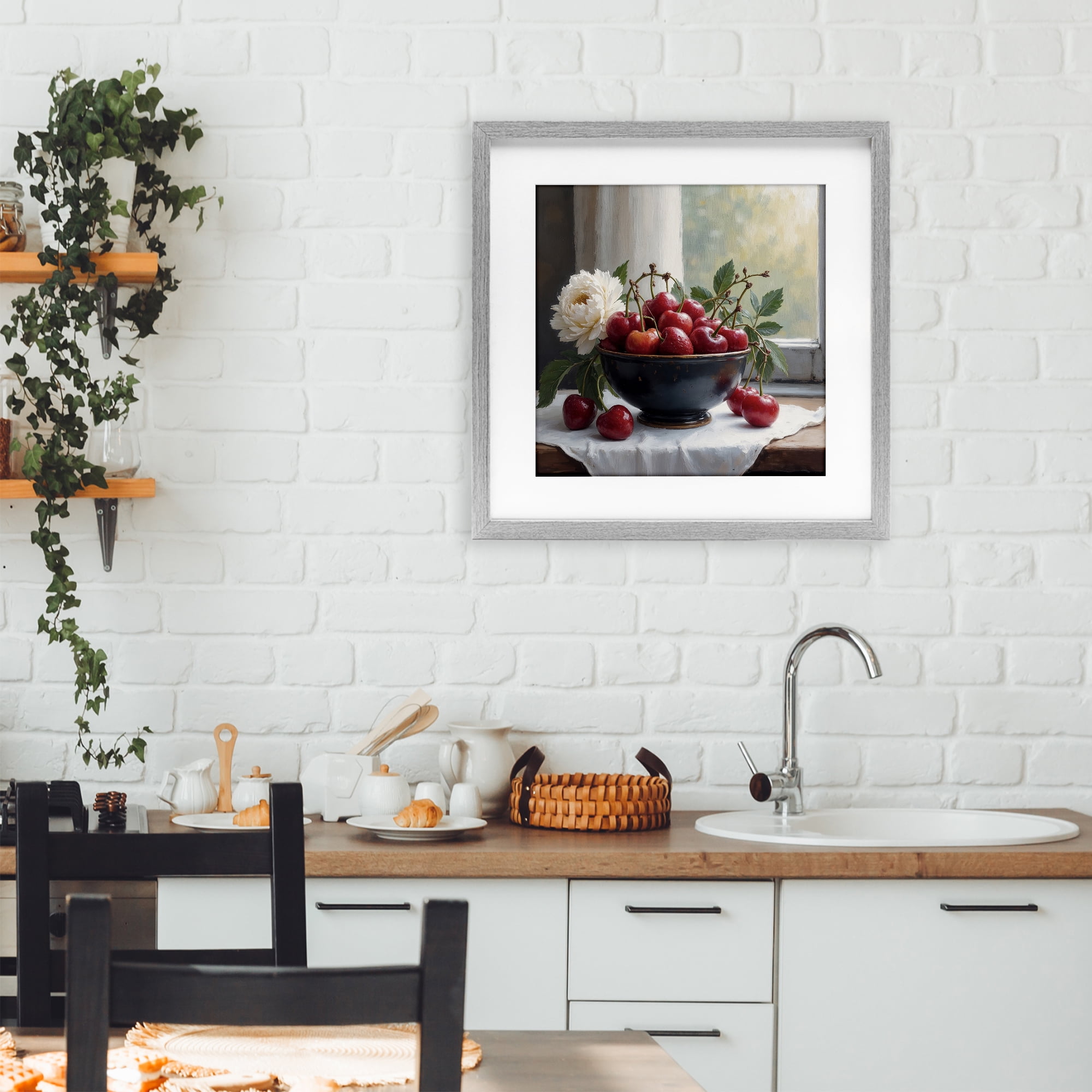 Cherry & Blossom Still Life Gray Framed Print Under Glass, design by Lettered and Lined