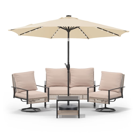 Autlaycil 6 pcs Patio Furniture Set, 10ft Solar Patio Umbrella and Base, Wicker Rattan Rocker Loveseat, Swivel Rocking Chairs, Coffee Table - Beige