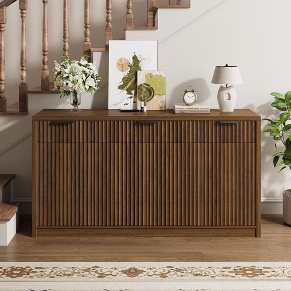 55In Walnut Fluted Buffet Sideboard Cabinet with 3 Drawers 4 Doors and Adjustable Shelves