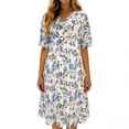 thumbnail image 1 of Vestido Impreso Plisado de Gasa con Cuello en V de las Mujeres, Casual de Manga Corta de Moda, Ligero Suave Y Fluido para Uso Diario, Fiestas, Vacaciones, 1 of 7
