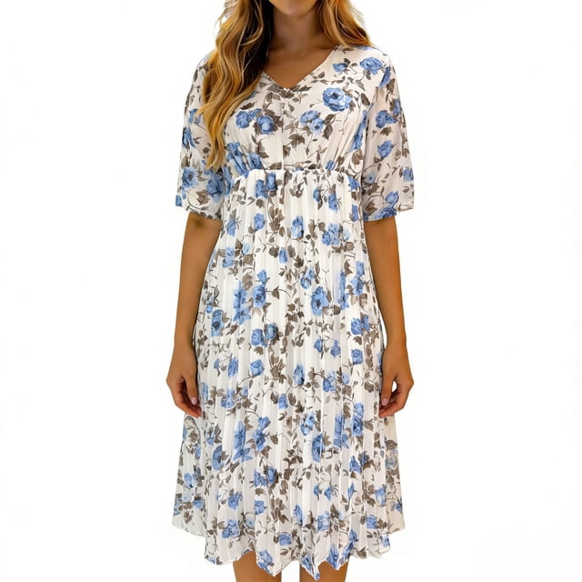Vestido Impreso Plisado de Gasa con Cuello en V de las Mujeres, Casual de Manga Corta de Moda, Ligero Suave Y Fluido para Uso Diario, Fiestas, Vacaciones