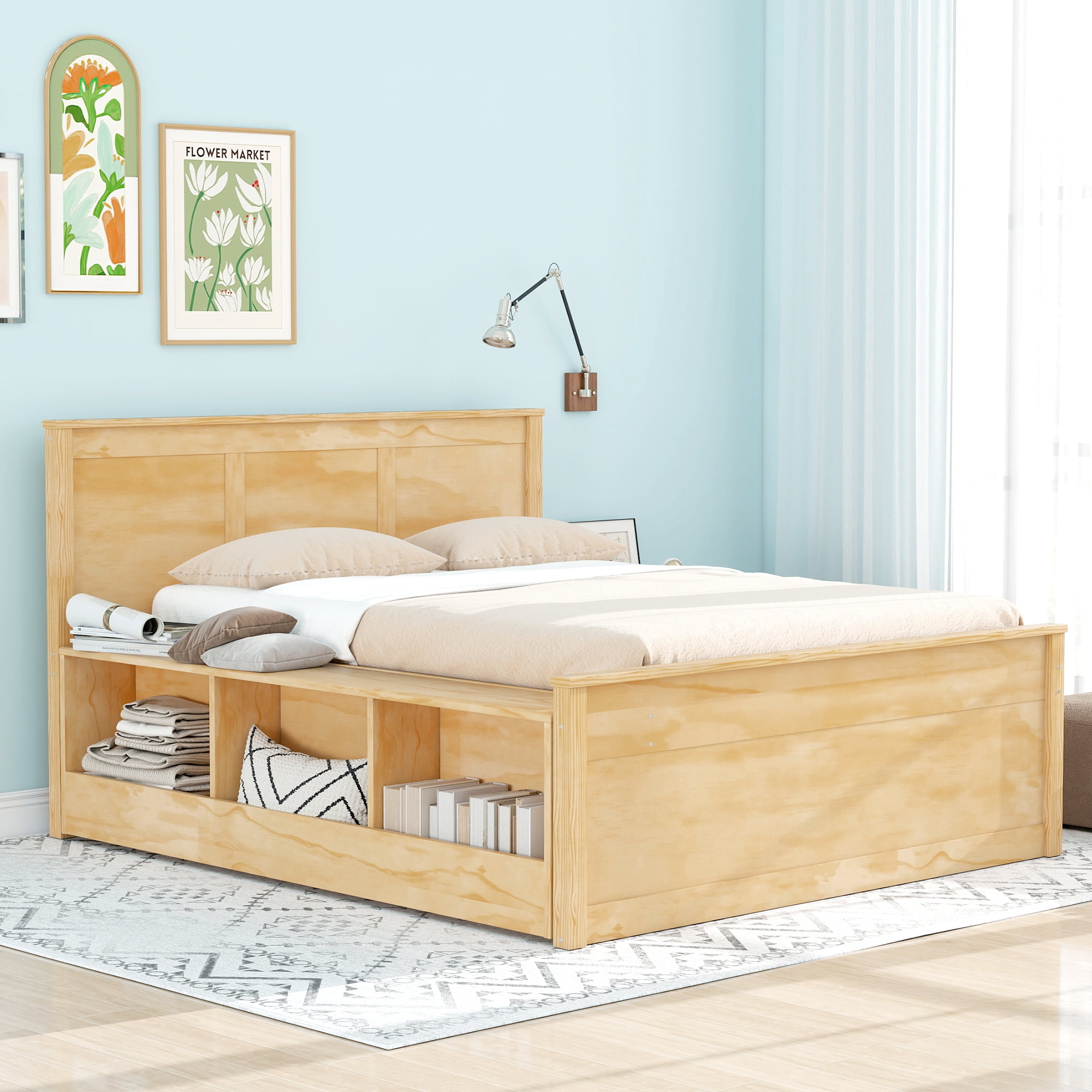 Euroco Wood Full Size Platform Bed with Trundle and Storage Cabinets, Natural