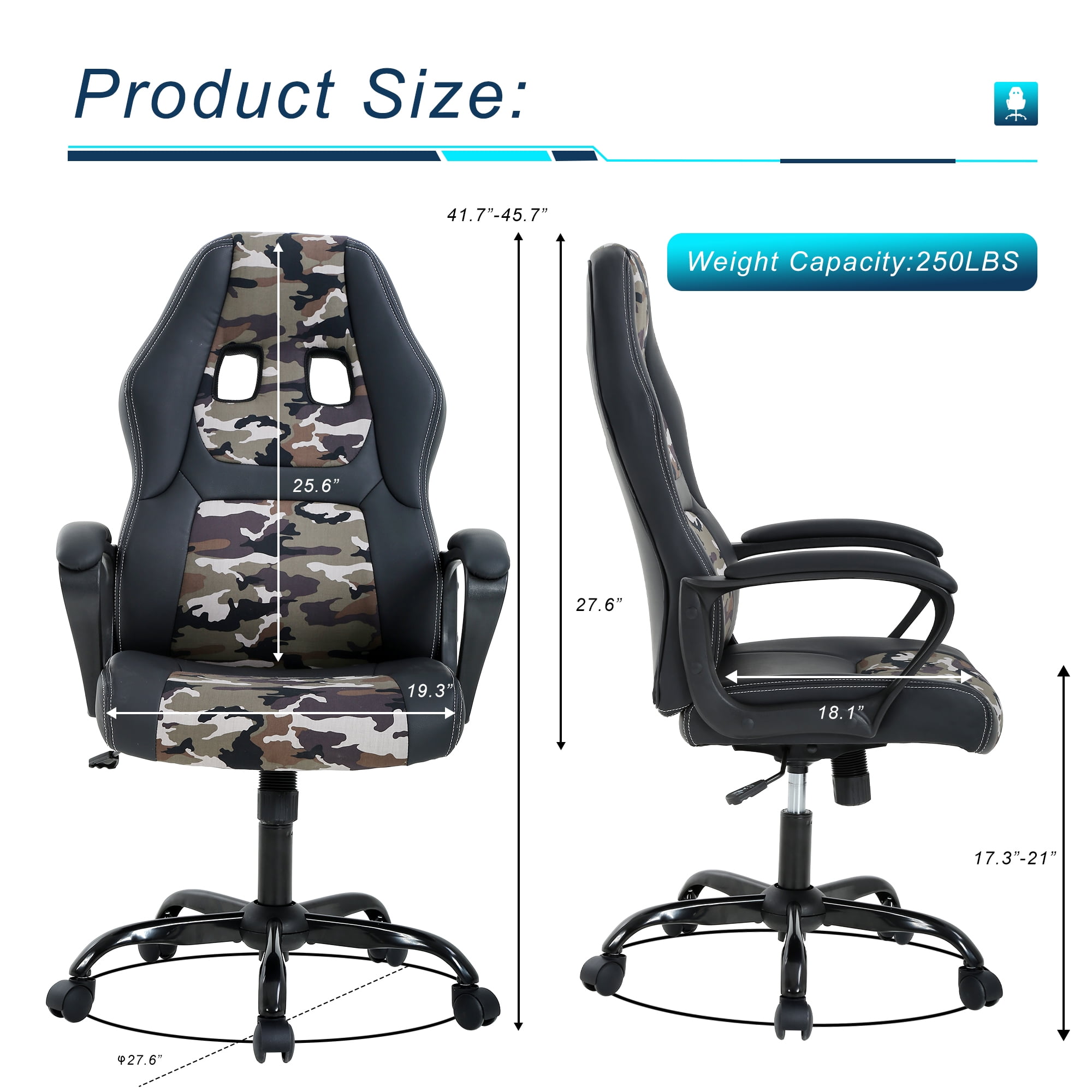 YRLLENSDAN Camo Adults PU Leather Gaming Chair with Mute Pulley, Black/Blue/Camo/Red/White