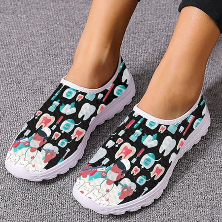 Dentist Shoes Women s Flats Cartoon Dental Nurse Print Breath Mesh Comfort Sneakers for Ladies Summer Loafers
