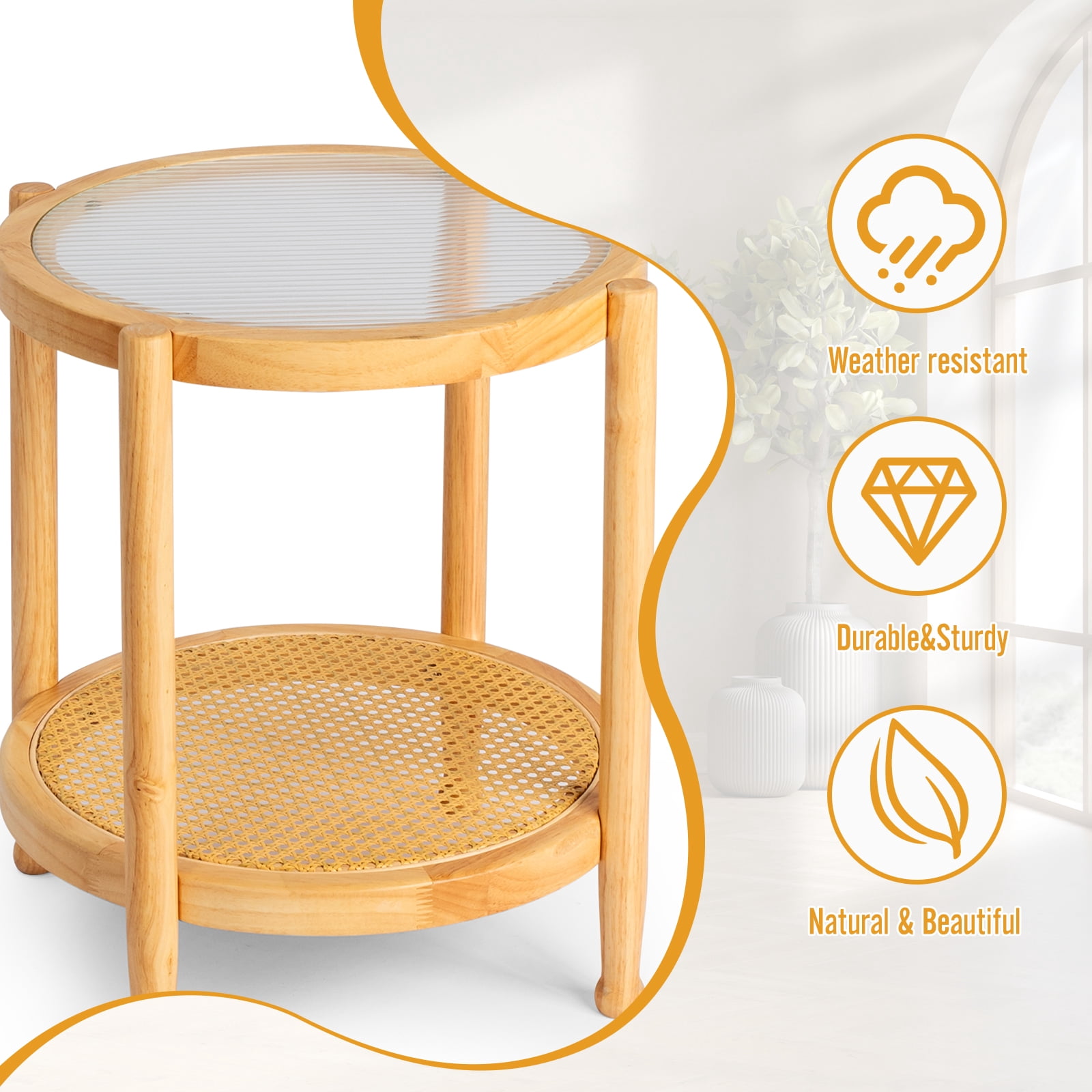19.7in Rattan Coffee Table with Glass Top, Small Round End Table, Boho Style Side Table Sofa End Table for Living Room Balcony Patio, Natural