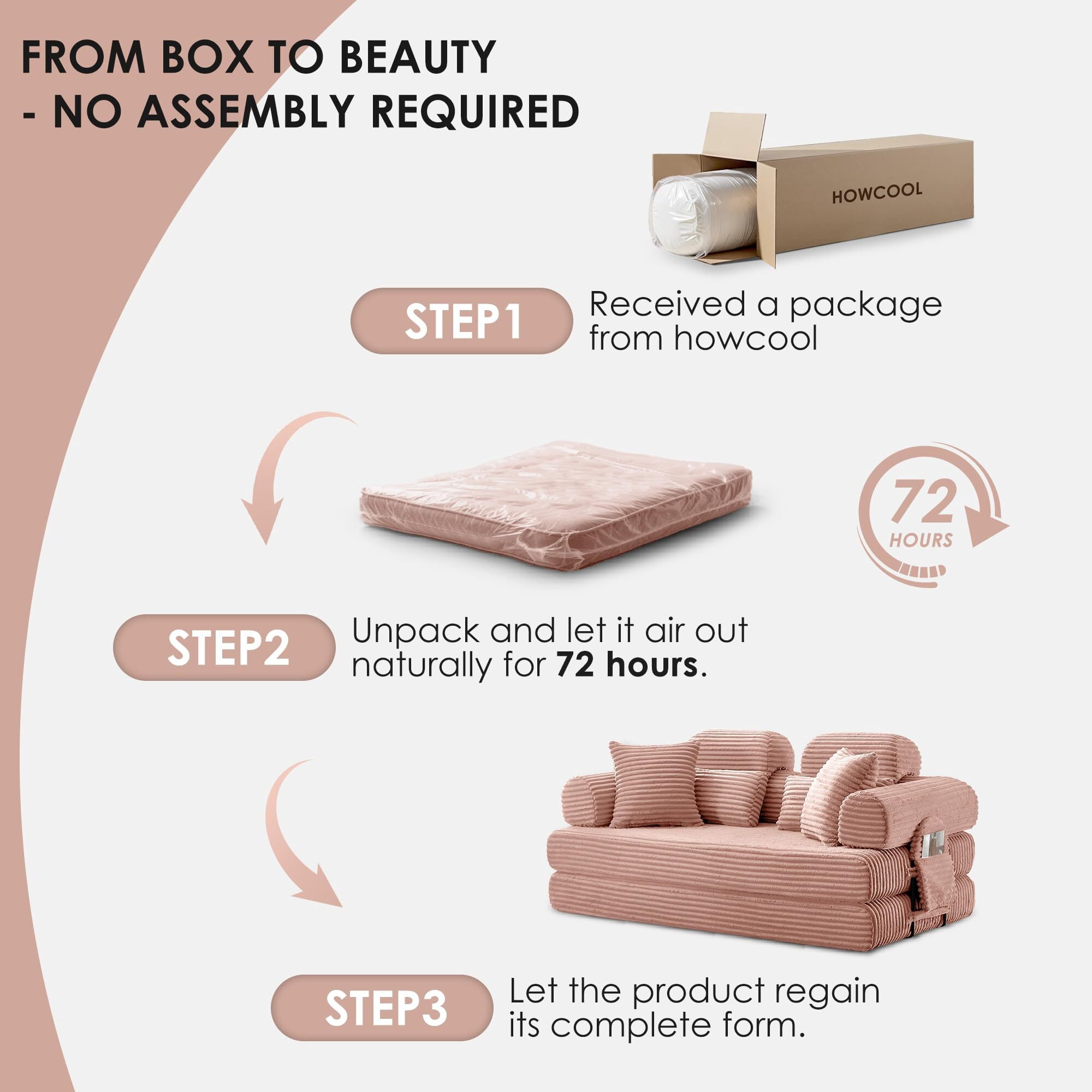 Howcool Convertible Sleeper Sofa Bed, 78.5" Corduroy Foldable Loveseat Sofa, Boneless Memory Foam Couch Bed for Living Room, Queen to King Size Sofa, No Assembly Required, Compression Sofa,Pink