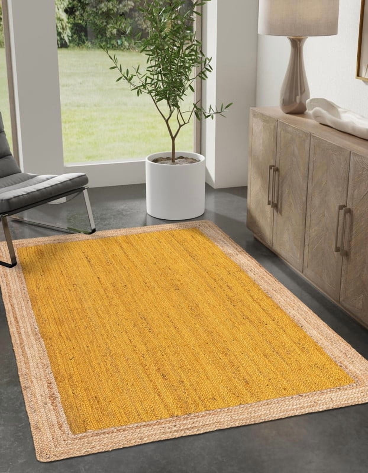 7x11Ft Inner Yellow Jute Area Rug | Handmade | Solid Farmhouse Design | Natural Jute Rug for Living Room | Dining Room | Bedroom | Kitchen | Hallway | Entryway
