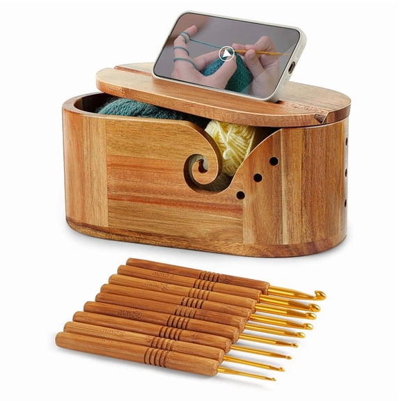 Knitting Storage Oval Yarn Bowl With Lid, 9-Piece Wooden Crochet Hook Set, No Tangling for Beginners