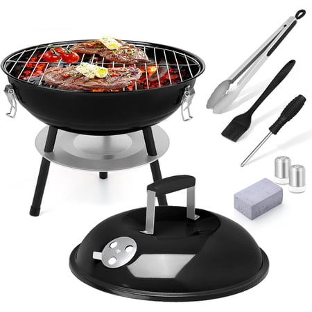 14in Small Charcoal Grill with Tools, 7Pcs Portable Camping BBQ Smoker Kit for Outdoor Barbecue/Tabletop Cooking, Enamel Fire Box & Extra Thick Steel, Include Food Tong, Brush, Clean Brick