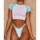 thumbnail image 3 of Traje de baño 2 Piezas Colorblock Top Corto Parte Inferior de Talle Alto Cuello Redondo Mujer Traje de baño Deportivo Azul S, 3 of 6