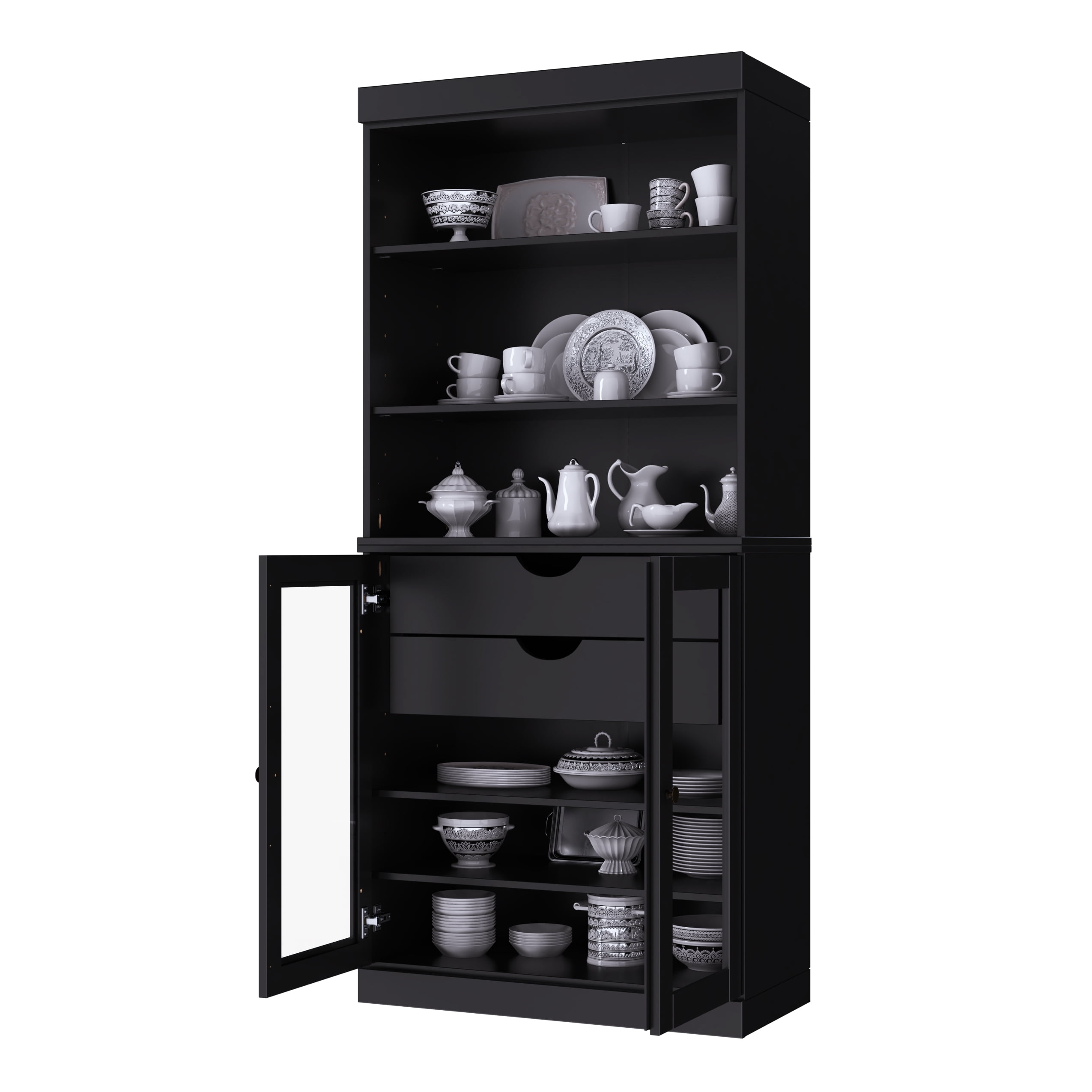Palace Imports 100% Solid Wood 32" Kitchen Pantry Storage Cabinet with Glass Doors, Adjustable Shelves and 2-Drawers, Black