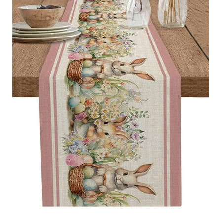 

Easter Bunny Pink Table Runner Country French Vintage Botanical Eggs Tablerunners 13 x 36 Inch Table Decorations Tabletop Scarf for Summer Gathering Holiday Farmhouse Kitchen Dining Decor