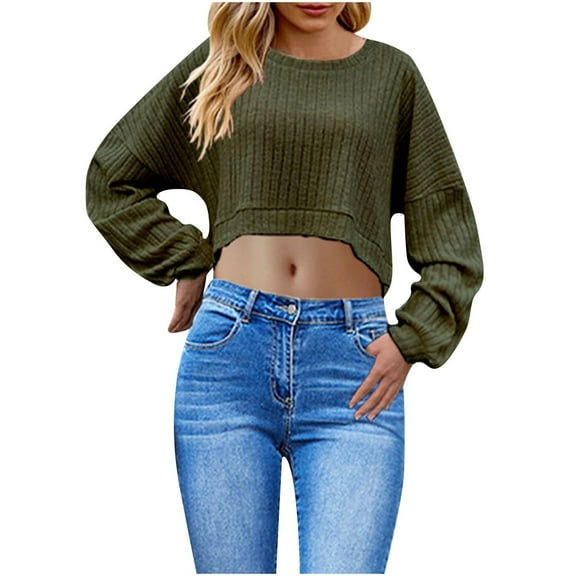 Ahdbta Women's Crop Tops Round Neck Long Sleeve Drop Shouler Pullover Sweaters Oversized Solid Color Ribbed Knit Knitted Blouses