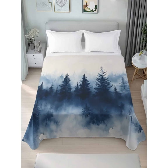 Navy Blue Ombre Forest Full Size Flat Sheet, Wrinkleproof & Fadeproof Cooling Flat Bed Sheet Only, Watercolor Abstract Art Tree Breathable Soft Bedding Top Sheets 81 x 96 Inches