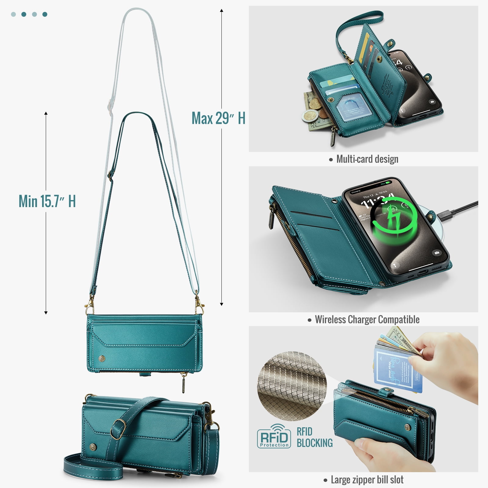 ShellTech Crossbody Wallet Women Men Case for iPhone 7/8/SE 2nd/3rd Gen,Magnetic Leather Flip Case RFID Blocking 7-Card Holder Zipper Wallet Cash Pocket Stand Cover with Shoulder Wrist Strap,Green
