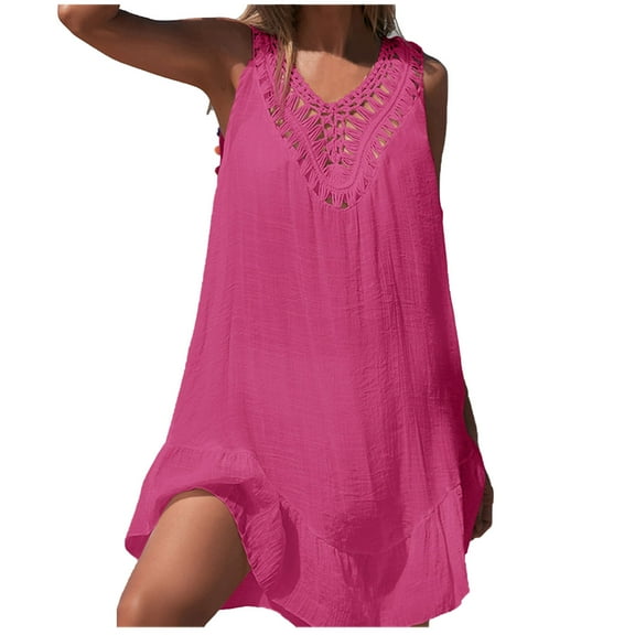 Dezsed Women's Swimsuit Cover Up Sleeveless Beachwear Coverups V-Neck Bikini Beach Dress for Swimwear Bathing Suit Hot Pink Free Size