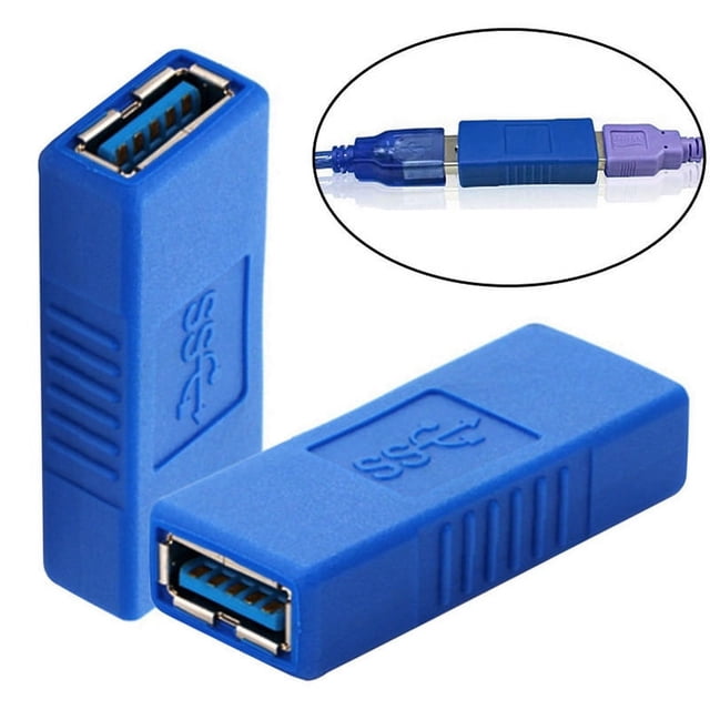 adaptador usb 3.0 tipo a hembra a hembra plgebr azul, vista frontal y lateral centrada que muestra dos puertos hembra tipo A en carcasa azul con relieve 'SS' y ranuras antideslizantes; inserto ilustra el acoplador conectado entre dos cables USB tipo A, compatible con USB 3.0 (hasta 5 Gbps) y retrocompatible con USB 2.0/1.1; apto para extender la longitud de cables USB.