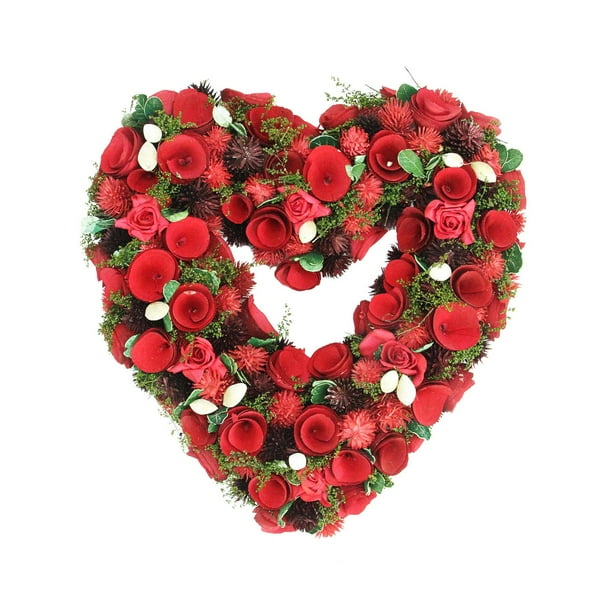 13.5" Red Rose Flower Heart Shaped Artificial Valentine's Day Wreath