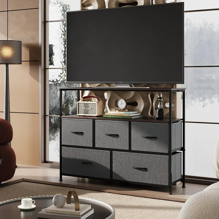 TV Stand For Bedroom Or Living Room – Holds Up To 55 Inch TV, 4 Drawers & Shelves, Built-in Outlets (Black)