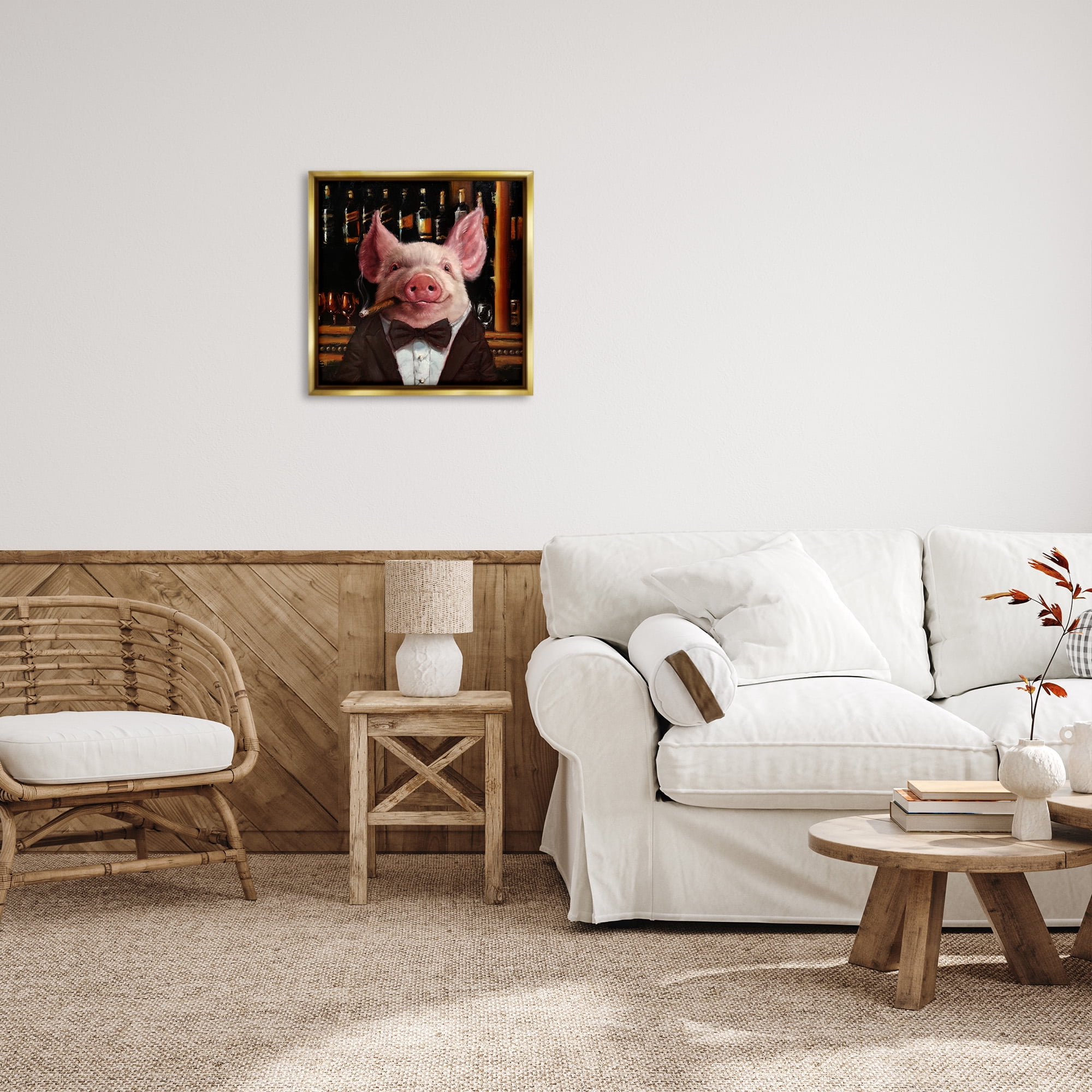 Stupell Industries Classy Pig at Cigar Bar Animals & Insects Painting Gold Floater Framed Canvas Art Print Wall Art, 25 x 25