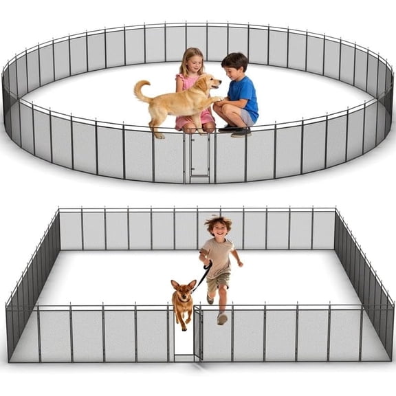 Petorldog Portable Dog Fence with Safety Mesh, 32" Height 42 Panels Including 6 Gates, Metal Dog Playpen Indoor Outdoor for Yard, Camping & RV | Black-Silver