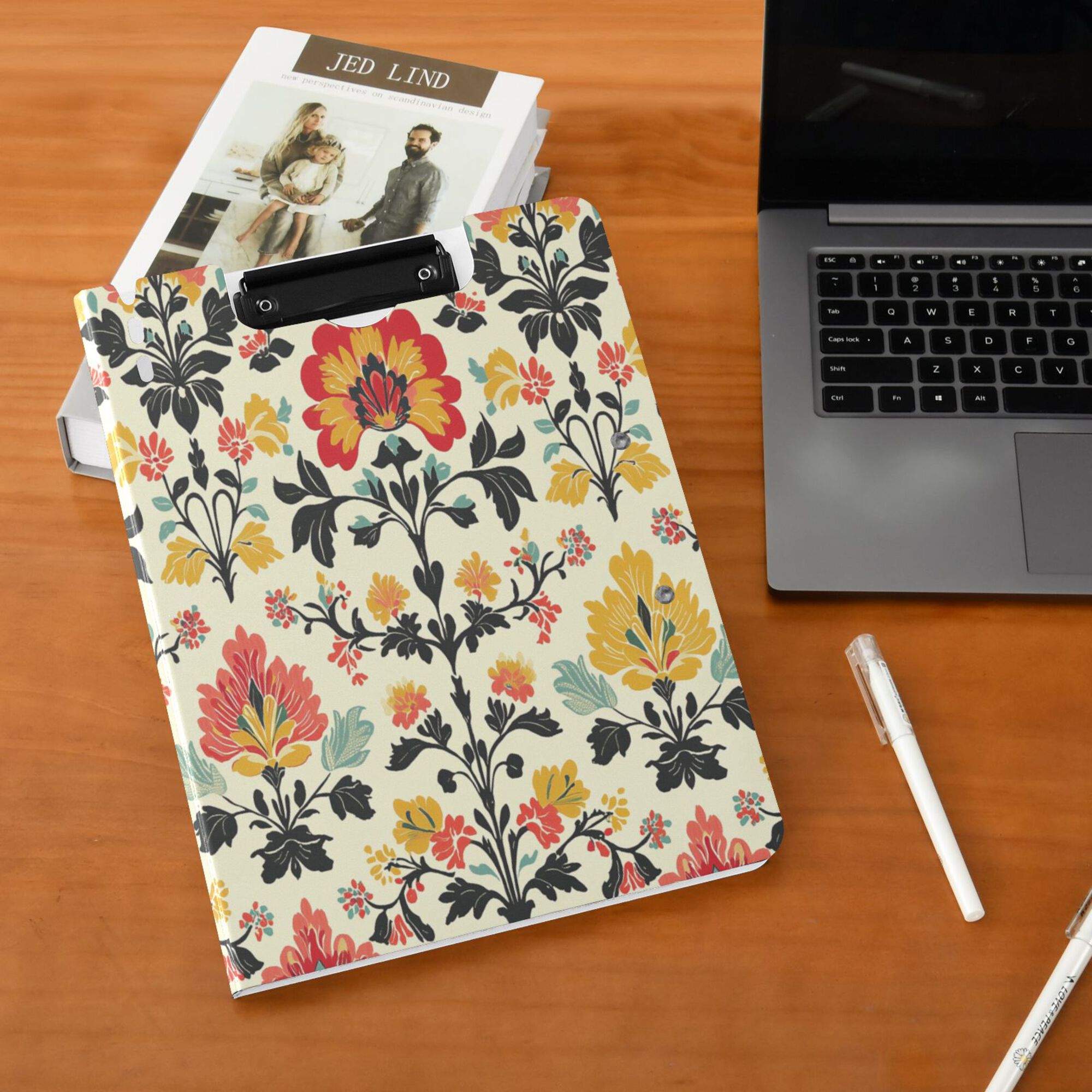 FORMRS A4 Clipboard Folder with Pen Holder Horizontal Foldable School Office Binder, Beige Floral