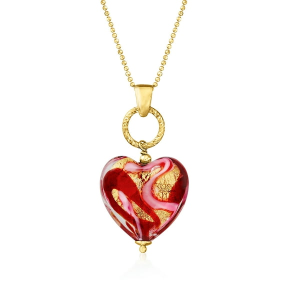 Ross-Simons Italian Red and Pink Murano Glass Heart Necklace in 18kt Gold Over Sterling, Women's, Adult