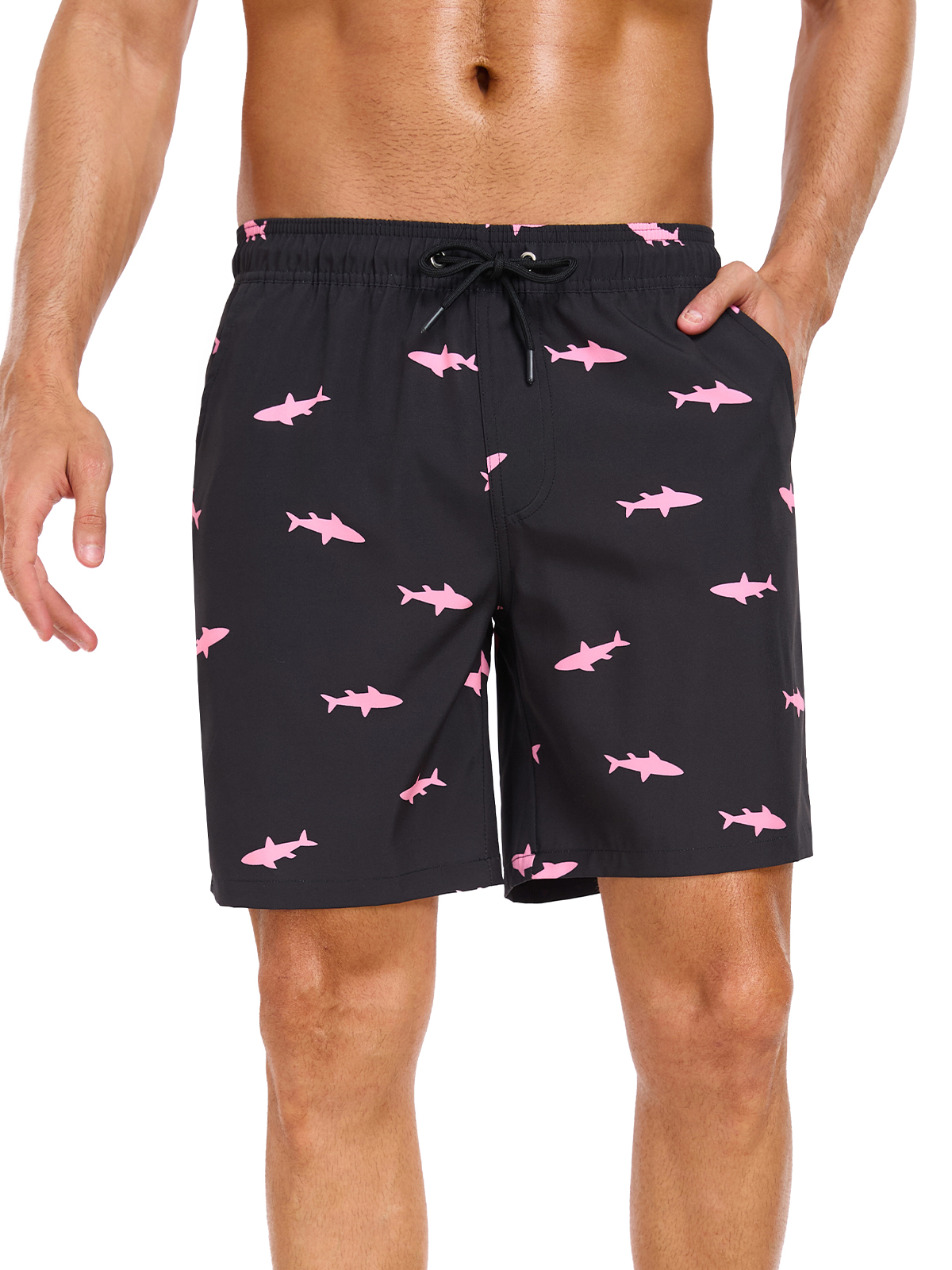 DAKIMOE Men's Swim Trunks with Compression Liner, Shark Print photo 6